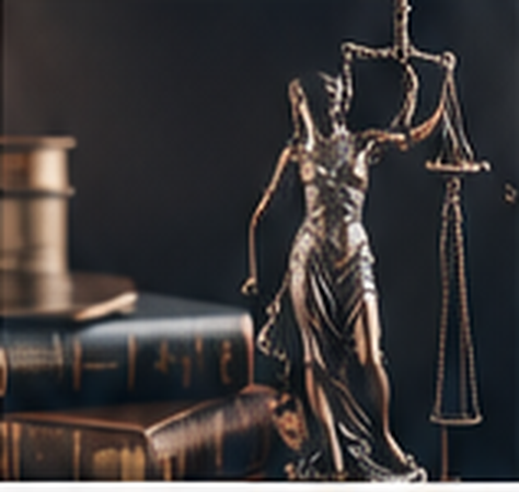 Figura de la justicia con balanza junto a libros